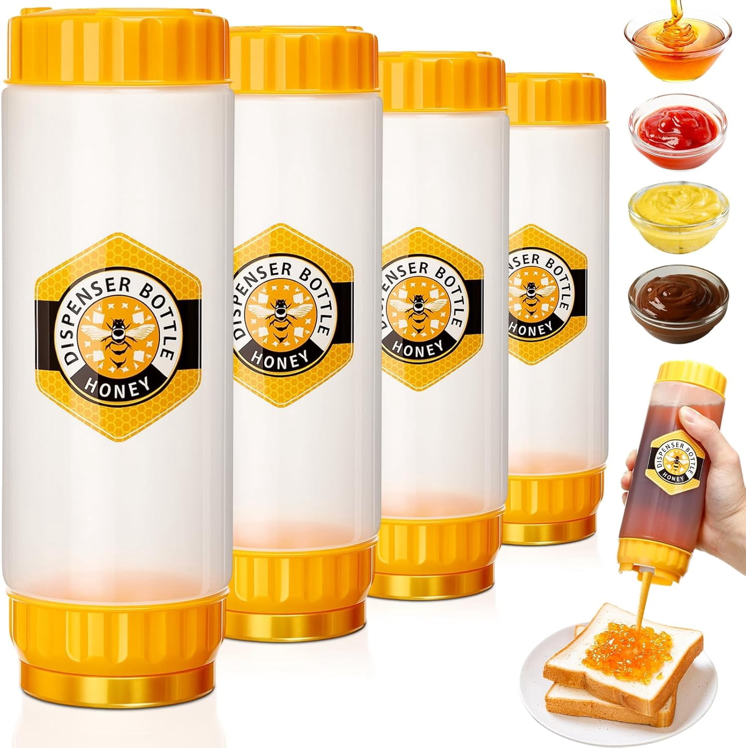 4 Pcs Honey Dispenser No-drip with Lid, & Syrup Squeeze Bottle, Refillable Condiment Bottle Bpa-free, More Hygienic for Sauces Ketchup Kitchen Pancakes Salad Dressings (18 oz)