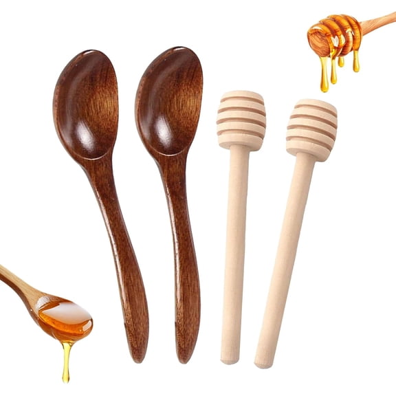 4 Pcs Honey Spoons Wooden,WoodenHoney Spoons Dipper is Easy to Clean and Reuse,HoneyStirrer Sticks for Honey, Jam, Syrup, Dessert, and More-NaturalHoney Mixing Spoons