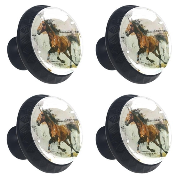 4 Pcs a Horse Painted on Wall Print Cabinet Knobs 30mm Round Crystal Glass Drawer Handles Pulls with Screws for Kitchen Cupboard Wardrobe Closet Dresser, Home&Office