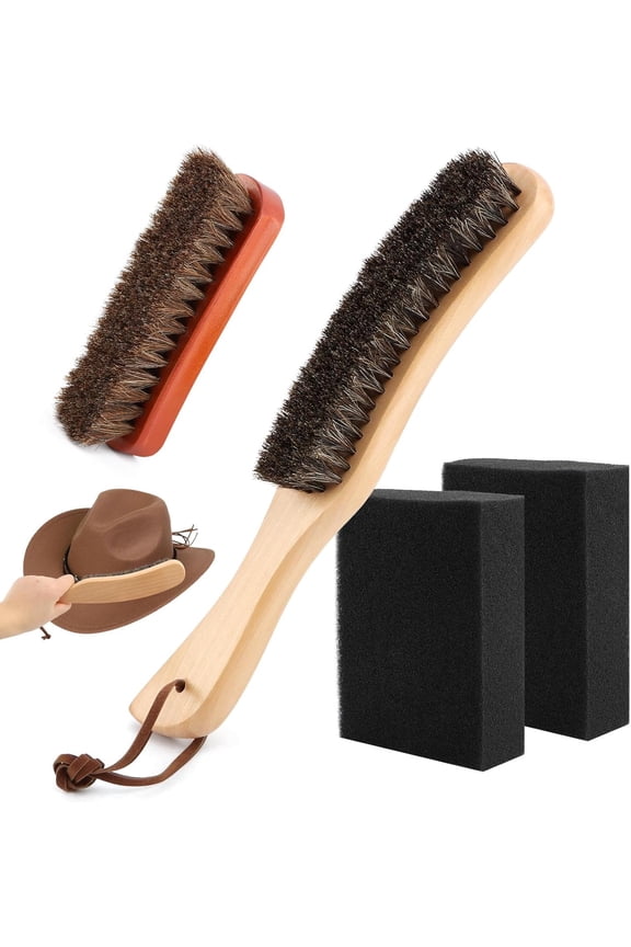 4 Pcs Horsehair Felt Hat Brush Kit with Cleaning Sponge, Cowboy Hat Brush Cleaning Kit, Wood Hat Brush Baseball Cap Lint Brush Remove Dust for Hair Furniture Suits Clothes