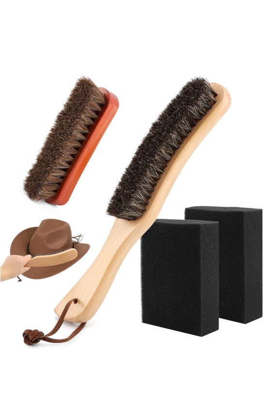 4 Pcs Horsehair Felt Hat Brush Kit with Cleaning Sponge, Cowboy Hat Brush Cleaning Kit, Wood Hat Brush Baseball Cap Lint Brush Remove Dust for Hair Furniture Suits Clothes