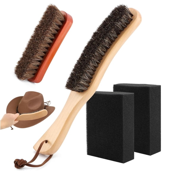 4 Pcs Horsehair Felt Hat Brush Kit with Cleaning Sponge, Cowboy Hat Brush Cleaning Kit, Wood Hat Brush Baseball Cap Lint Brush Remove Dust for Hair Furniture Suits Clothes