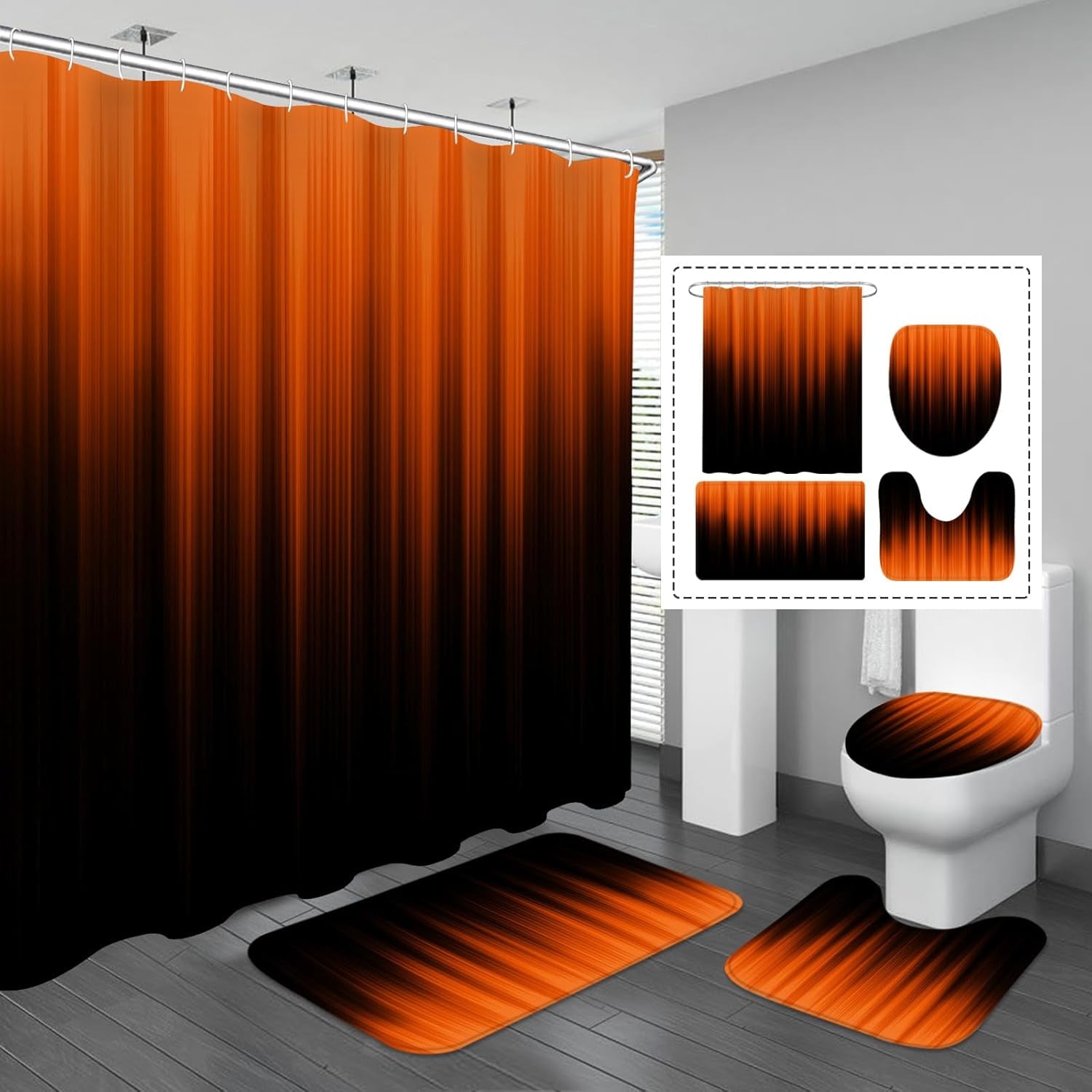 4 Pcs Hot Pink and Black Shower Curtain Bathroom Set with Rugs, Toilet Lid Cover and Bath Mat, Gradient Hot Pink Shower Curtain with 12 Hooks, Bathroom Decor Set