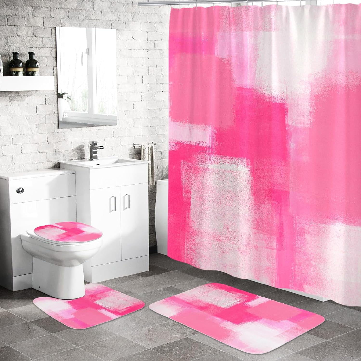 4 Pcs Hot Pink Ombre Shower Curtain Sets with Rugs for Bathroom Decor