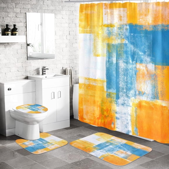 4 Pcs Hot Pink Ombre Shower Curtain Sets with Rugs for Bathroom Decor, Abstract Bathroom Sets with Shower Curtain and Rugs and Accessories, Rustic Grunge Bathroom Curtain Set with Mats