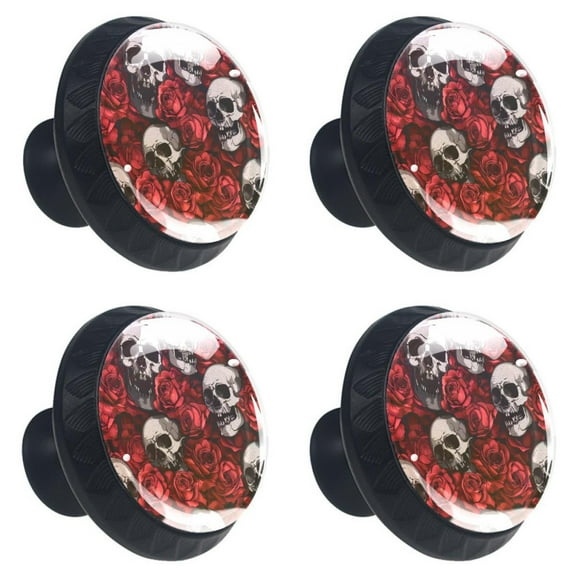 4 Pcs Human Skull Red Roses Print Cabinet Knobs 30mm Round Crystal Glass Drawer Handles Pulls with Screws for Kitchen Cupboard Wardrobe Closet Dresser, Home&Office