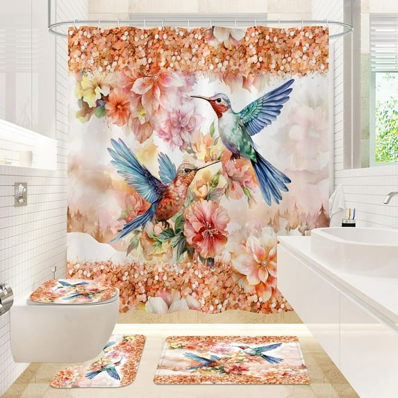 4 Pcs HummingBird Floral Shower Curtain Set with Toilet Lid Cover and Rugs, Pink Glitter Bling Bathroom Decor Set with Shower Curtain and Rugs and Accessories