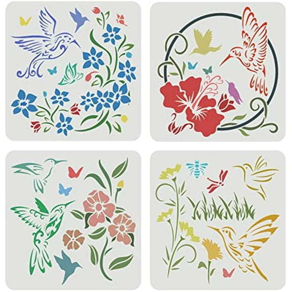 4 Pcs Hummingbird Flowers Insects Stencils 11.8x11.8inch Large Size Bird Floral Bee Dragonfly Butterfly Drawing Stencils Reusable Mylar DIY Art Craft Painting Template for Wood Fabric