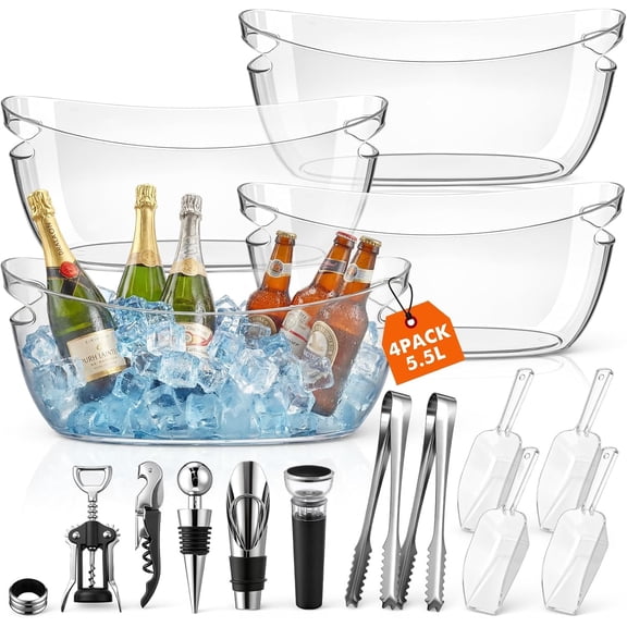 4 Pcs Ice Buckets for Parties Large 5.5l Clear Beverage Tubs with Scoops, Tongs, Wine Opener, Vacuum Wine Stoppers and Bar Accessories Mimosa Bar Supplies for Champagne Beer Beverage Drinks