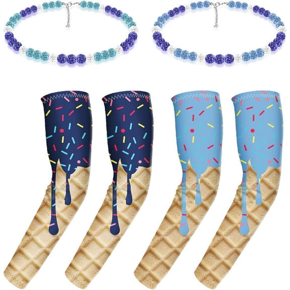 4 Pcs Ice Cream Arm Sleeves with Baseball Beaded Necklace, Youth Cooling UV Protection Compression Sleeves for Sports