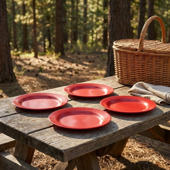 Set of 4 Red Imitation Porcelain Dinner Plates, Round Small Side Dish Platters for Tableware and Dining