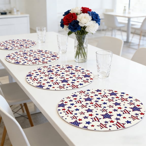 4 Pcs Independence Day Linen Placemats, Patriotic Red White Blue Table Mats, July 4th Kitchen Dining, 14x14 Inches