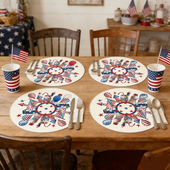 4 Pcs Independence Day Linen Placemats, Patriotic Red White Blue Table Mats, July 4th Kitchen Dining, 14x14 Inches