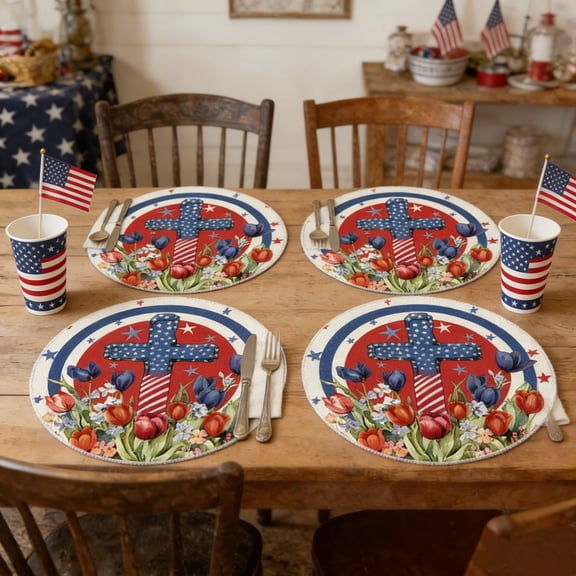 4 Pcs Independence Day Linen Placemats, Patriotic Red White Blue Table Mats, July 4th Kitchen Dining, 14x14 Inches