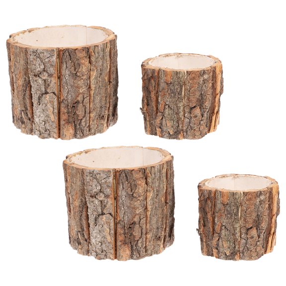 ifundom 4Pcs Rustic Tree Bark Flower Pots Dark Brown Wooden Planters for Indoor Desk Window Use