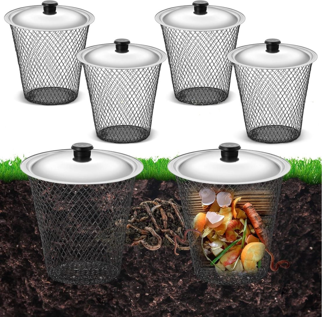 4 Pcs Inground Worm Composter with Lids 9.1 x 9.1 x 5.9 Inch Farm Worm ...