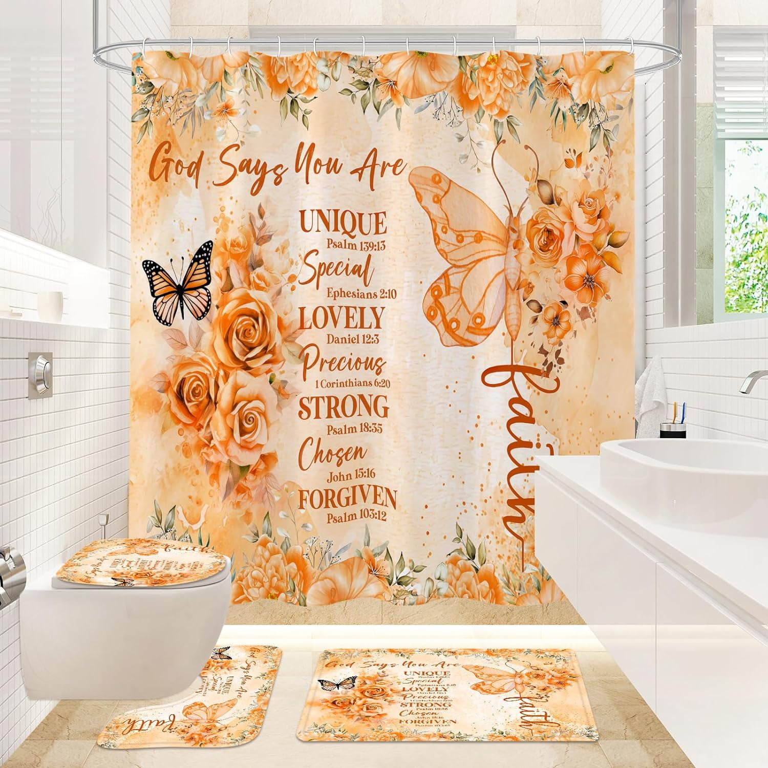 4 Pcs Inspirational Quotes Butterfly Shower Curtain Set with Rugs and