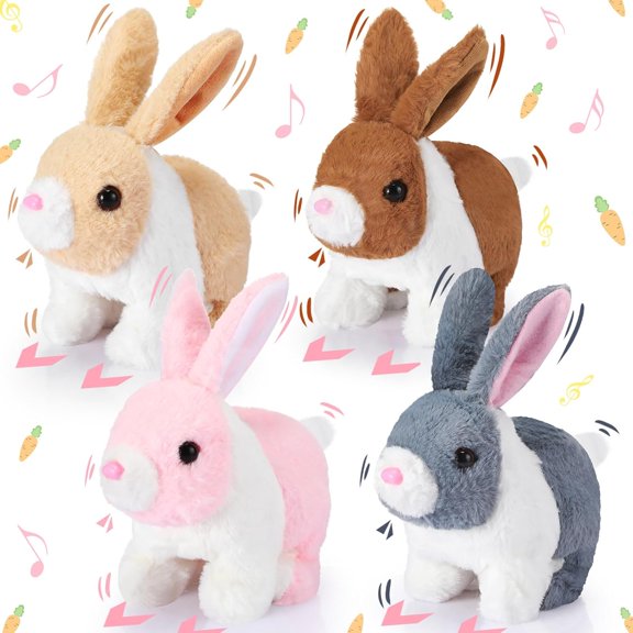 4 Pcs Interactive Bunny Toys, 7" Easter Realistic Hopping Rabbit Plush Stuffed Electronic Walking Barking and Wagging Tail Bunny Toys for Birthday Easter Gifts (Short Hair Rabbit)