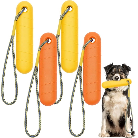 4 Pcs Interactive Dog Pool Toys with Throw Rope 9.8 x 1.6 Inches Interactive Dog Bumpers Fetch Training Bumpers Water Floating Toys for Small and Medium Outdoor Training Chew Hunting(Yellow, Orange)