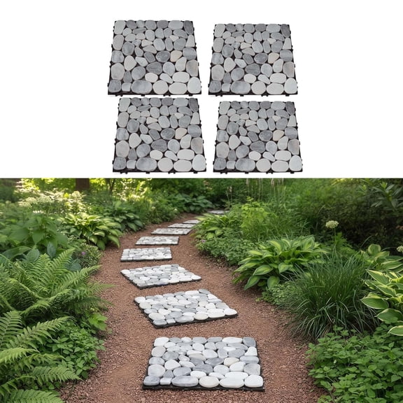 4 Pcs Interlocking Stepping Stones Outdoor for Garden 11.8", Outside Square Pavers for Landscaping, Pebble River Stone Mat for Yard Lawn Patio Pathway Walkway, DIY Landscape Decor - Light Grey