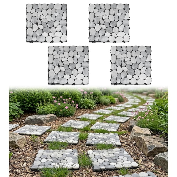 4 Pcs Interlocking Stepping Stones Outdoor for Garden, 11.8" Square Pavers for Landscaping, Outside Pebble River Stone Mat for Yard Lawn Patio Pathway Walkway, DIY Landscape Decor - Light Grey