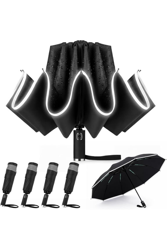4 Pcs Inverted Umbrella with Reflective Stripe Automatic Umbrella for Rain Sun Travel Fold with Cover Bag