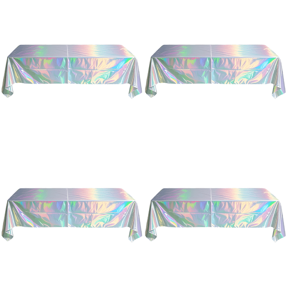 4 Pcs Iridescent Silver Tablecloth, 54 x 108 in/ 272 x 137 cm PET Waterproof Table Cover, Theme Party Tablecloth, Rectangle Disposable Table Cover for Birthday, Wedding, Banquet, or Picnic