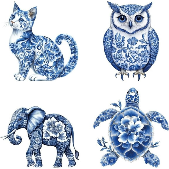 4 Pcs Iron on Decals Patches 4 Sizes Assorted Porcelain Animal Patterns Iron on Stickers Cat Elephant Turtle Owl Heat Transfer Stickers Plastic Patches for Clothes Backpacks for DIY