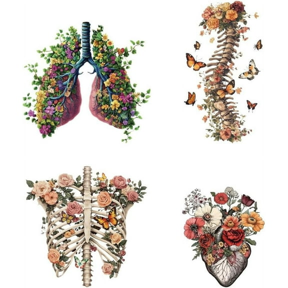 4 Pcs Iron on Decals Patches 4 Sizes Plant Flower Lungs Human Spine Iron on Stickers Chest Ribs Heart Heat Transfer Stickers PET Washable Patches for DIY Clothes Decor