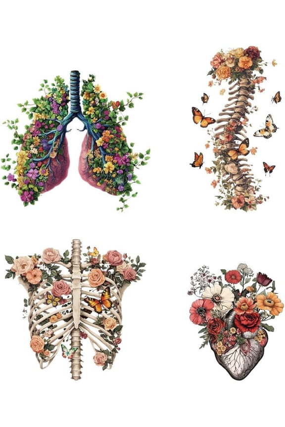 4 Pcs Iron on Decals Patches 4 Sizes Plant Flower Lungs Human Spine Iron on Stickers Chest Ribs Heart Heat Transfer Stickers PET Washable Patches for DIY Clothes Decor