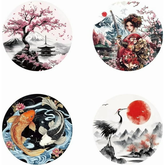 4 Pcs Iron on Decals Patches Japanese Style Round Iron on Stickers Cherry Fish Crane Heat Transfer Stickers Plastic Washable Patches for DIY Clothes Decor Backpacks Cover Mixed Color