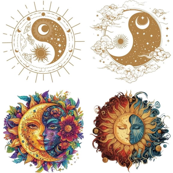 4 Pcs Iron on Decals Patches Sun and Moon with Human Faces Iron on Stickers Stars Clouds Heat Transfer Stickers Plastic Washable Patches for DIY Clothes Decor Backpacks Cover