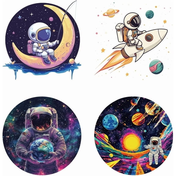 4 Pcs Iron on Decals Patches 4 Sizes Cosmic Planets Iron on Stickers Astronauts Rockets Moon Heat Transfer Stickers PET Washable Patches PET