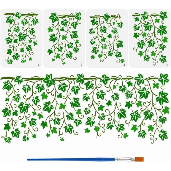 4 Pcs Ivy Vine Painting Stencils with a Brush 11.7x8.3Inch Patchwork Ivy Pattern Stencil Reusable PET Plant Theme Decoration Template