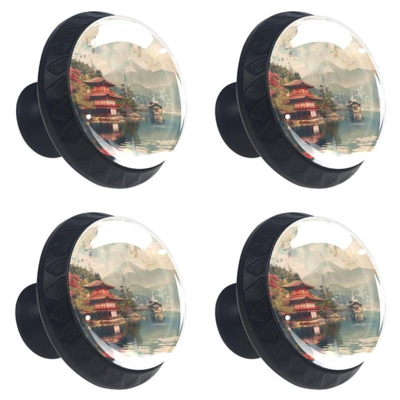 4 Pcs Japan Fuji Temple Lake Print Cabinet Knobs 30mm Round Crystal Glass Drawer Handles Pulls with Screws for Kitchen Cupboard Wardrobe Closet Dresser, Home&Office