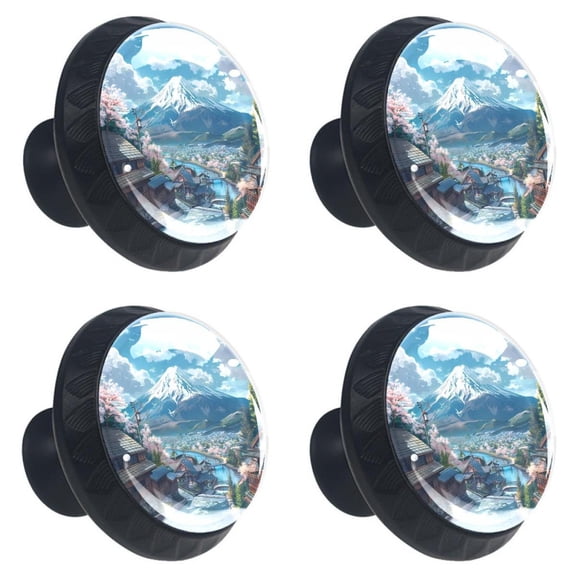 4 Pcs Japan Mount Fuji House Street Print Cabinet Knobs 30mm Round Crystal Glass Drawer Handles Pulls with Screws for Kitchen Cupboard Wardrobe Closet Dresser, Home&Office