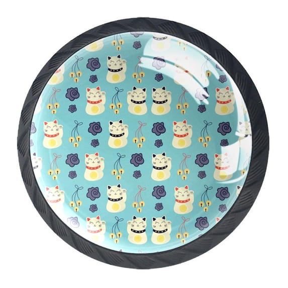 4 Pcs Japanese Lucky Cats Knobs for Kitchen Cabinet Cupboard Dresser Bookcase Drawer Pulls Handles Round Home Decor