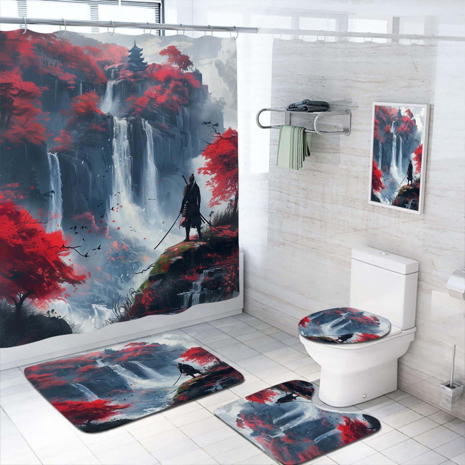 4 Pcs Japanese Samurai Bathroom Shower Curtain Set with Rug, Toilet Lid ...