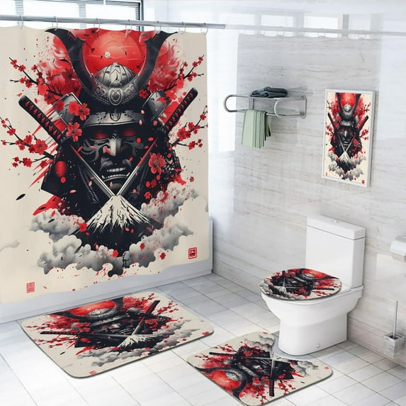 4 Pcs Japanese Samurai Bathroom Shower Curtain Set with Rug, Toilet Lid Cover and Bath Mat Watercolor Ink Samurai Anime Bathroom Shower Curtain with 12 Hooks Accessories Decorative