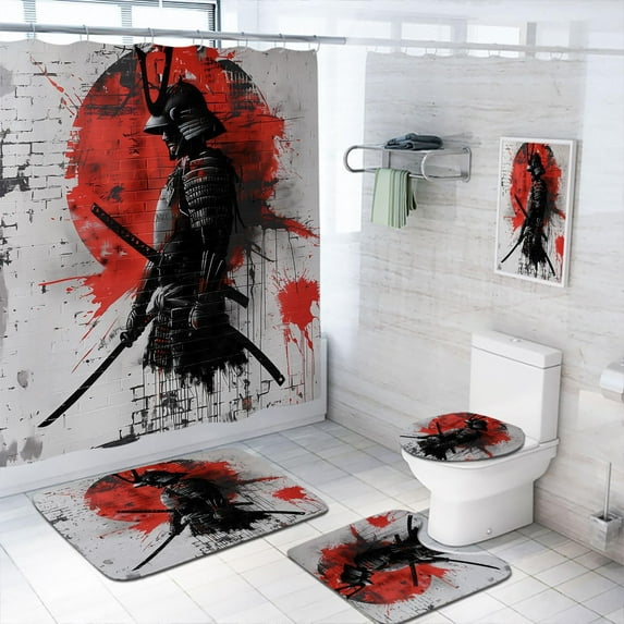 4 Pcs Japanese Samurai Bathroom Shower Curtain Set with Rug, Toilet Lid Cover and Bath Mat Watercolor Ink Samurai Anime Bathroom Shower Curtain with 12 Hooks Accessories Decorative