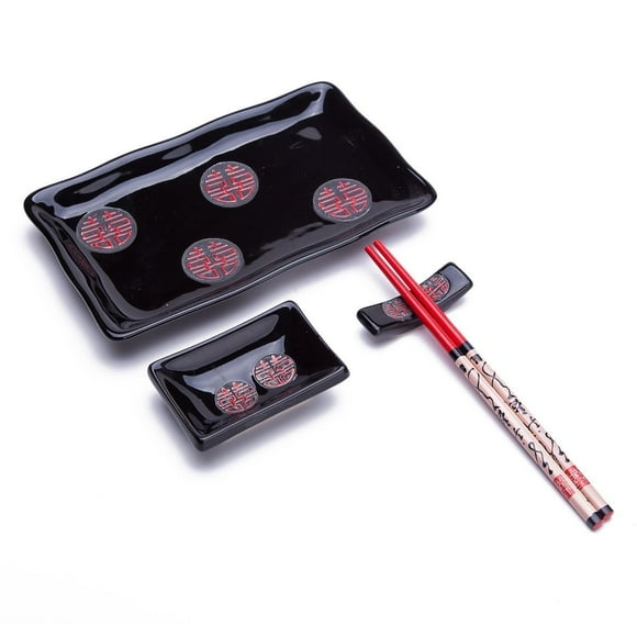 4 Pcs Japanese Sushi Plate Dinnerware Set Black With Chinese Double Happiness Design