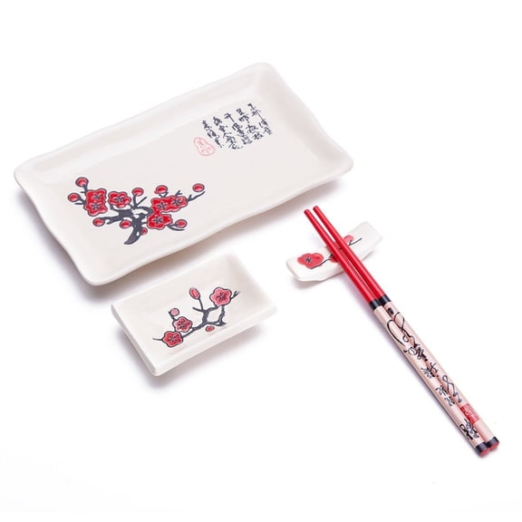 4 Pcs Japanese Sushi Plate Dinnerware Set White With Plum Blossom Design