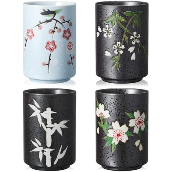 4 Pcs Japanese Tea Cups 10 oz Ceramic Christmas Japanese Gifts Chinese Restaurant Sakura Teacups No Handles Japan Mug Souvenirs for Tea Latte Coffee Juice$$Home Decor, Kitchen, & Other