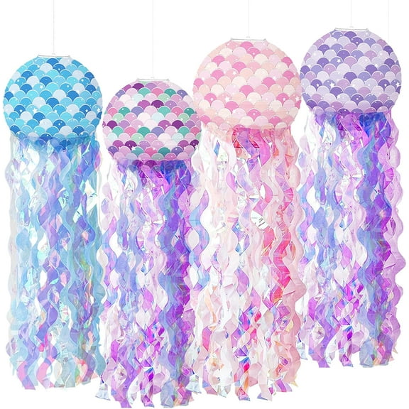 4 Pcs Jellyfish Paper Lanterns, Hanging Gradient Colorful Mermaid Jelly Fish Birthday Decorations for Under The Sea Theme