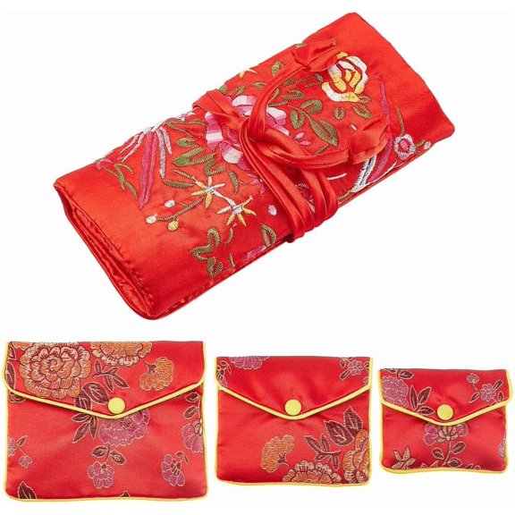 4 Pcs Jewelry Silk Purse Pouchs 4 Styles Vintage Flower Embroidery Damask Cloth Roll Chinese Style Brocade Organizer with Snap Button and Zipper Small Gift Bags
