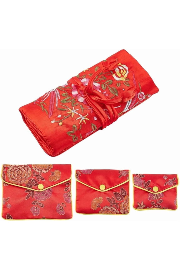 4 Pcs Jewelry Silk Purse Pouchs 4 Styles Vintage Flower Embroidery Damask Cloth Roll Chinese Style Brocade Organizer with Snap Button and Zipper Small Gift Bags
