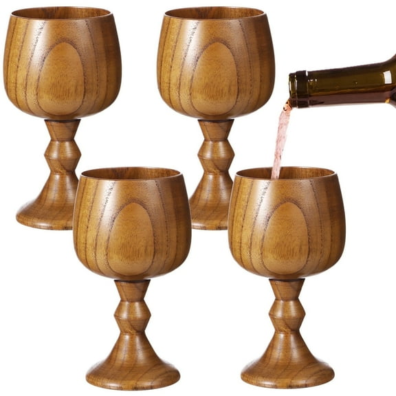 4 Pieces Wood Wine Glasses, Vintage Wooden Goblets, Medieval Wine Glasses, Solid Wood Chalice for Kitchen, Party (5.1 oz)