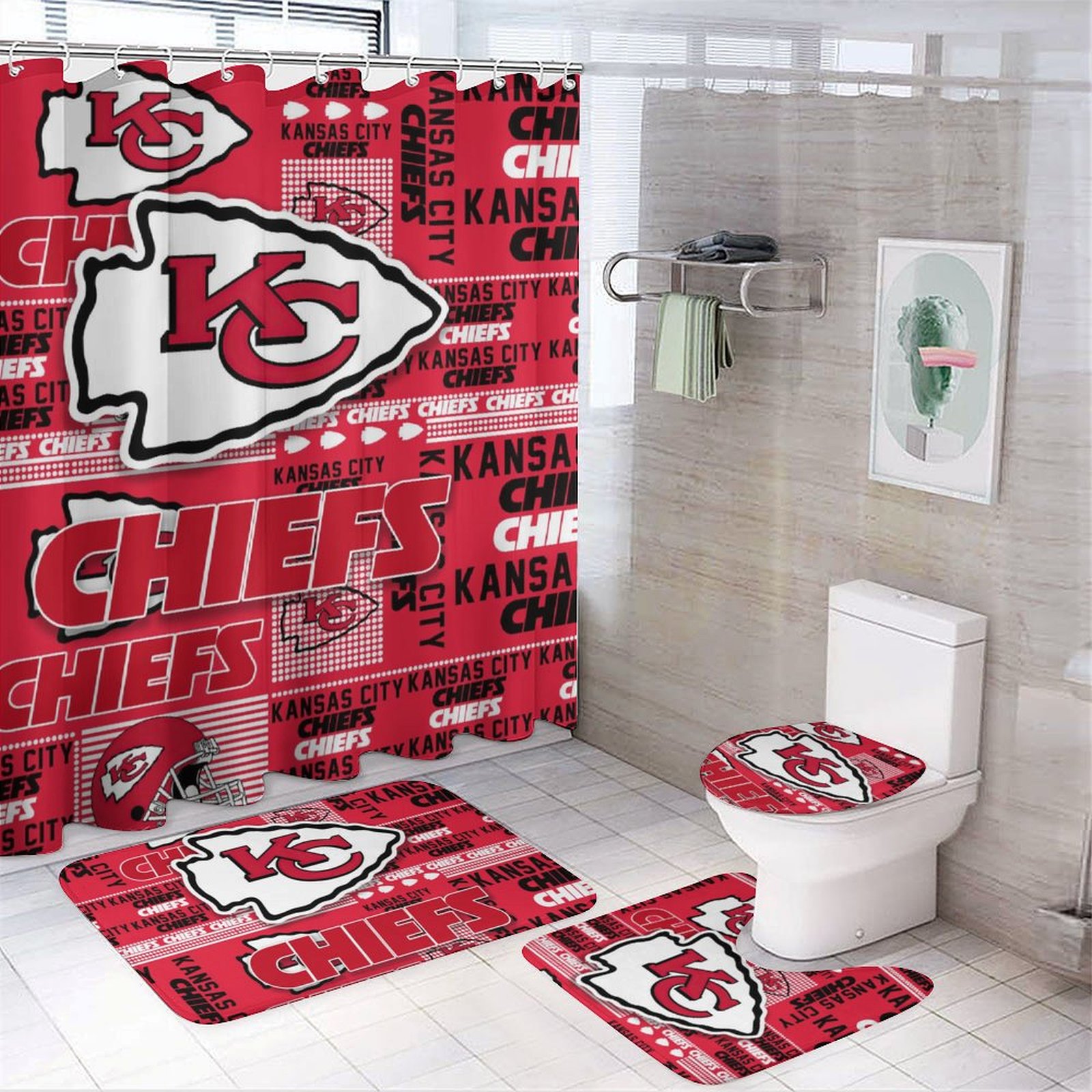 4 Pcs Kansas Football Shower Curtain Set with Toilet Lid Cover Mat,Non-Slip Rug,Bath Mat and Waterproof Shower Curtains with 12 Hooks,Bathroom Set for Decoration