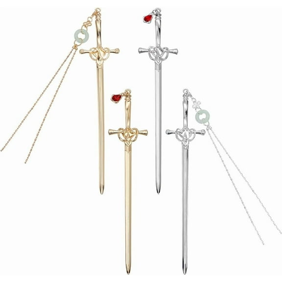 4 Pcs Katana Bookmarks 4 Styles Platinum and Golden Alloy Bookmark with Red Resin Gems or Tassel Shaped Reading Page Markers for Office School Home Library Bookstore Lovers DIY