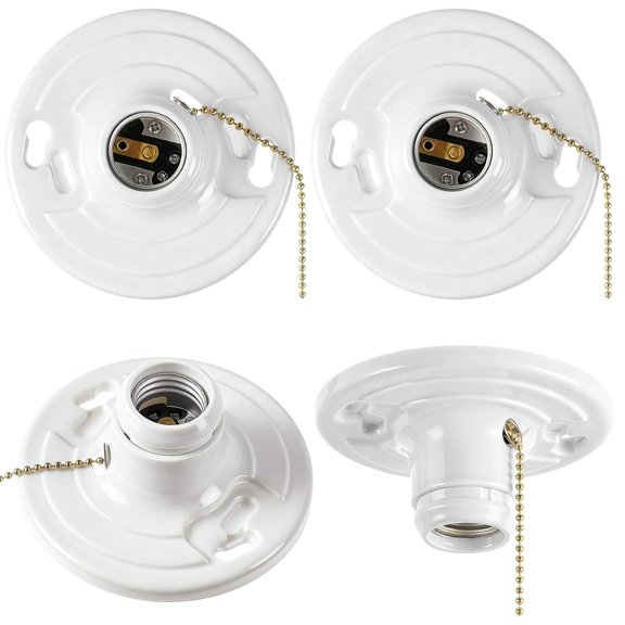 4 Pcs Keyless E26 Lamp Holder with Pull Chain - Medium Base 660w Ceiling Mount Socket White Light Fixture for LED & Incandescent Bulbs (Phenolic Resin)